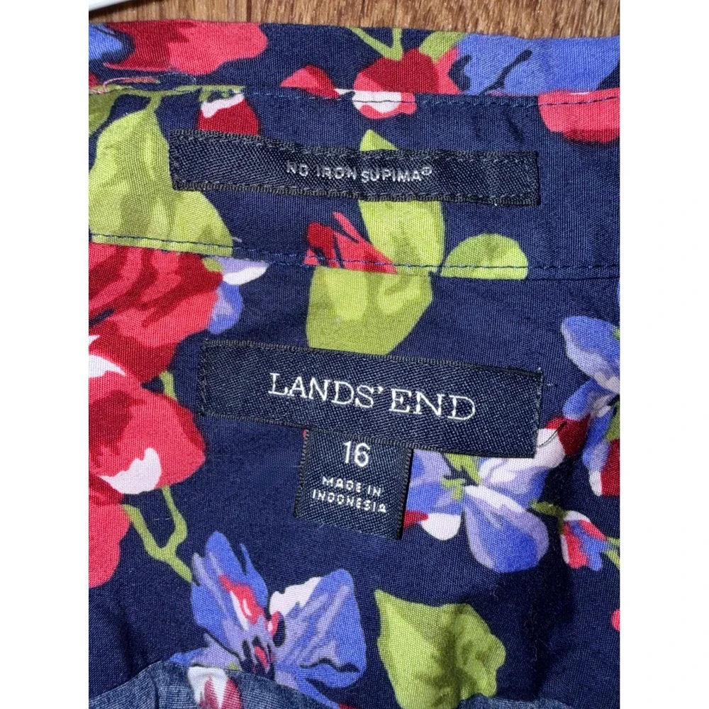 Lands' End Womens 16 Navy Blue Floral No Iron Supima Cotton Button Down Shirt - Picture 2 of 7